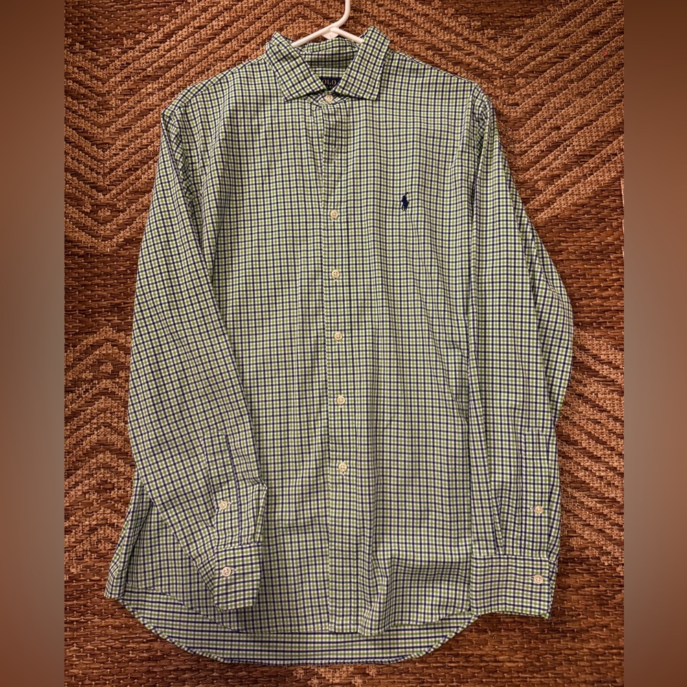 Ralph Lauren Men's Blue and Green Checkered Button Down Shirt